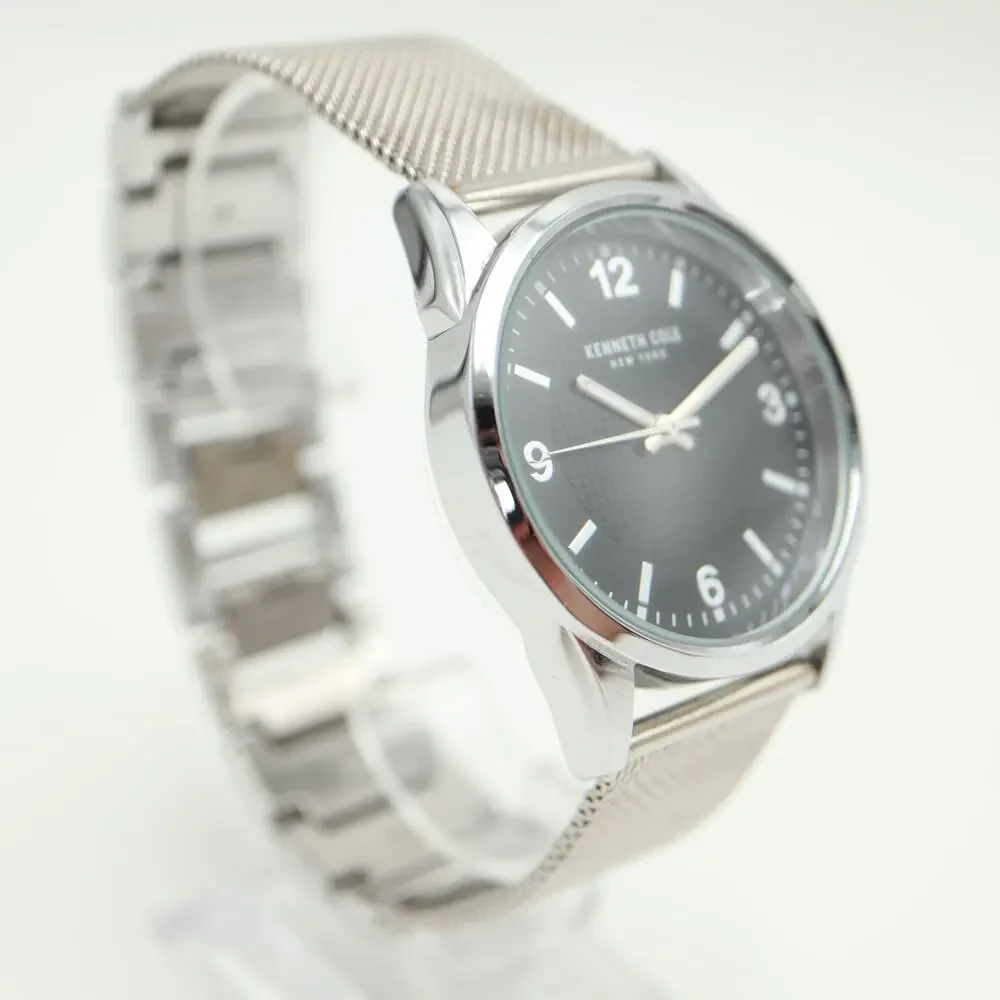 Kenneth Cole NY Mens 40mm Black Dial Watch Silver Tone Metal Mesh w New Battery